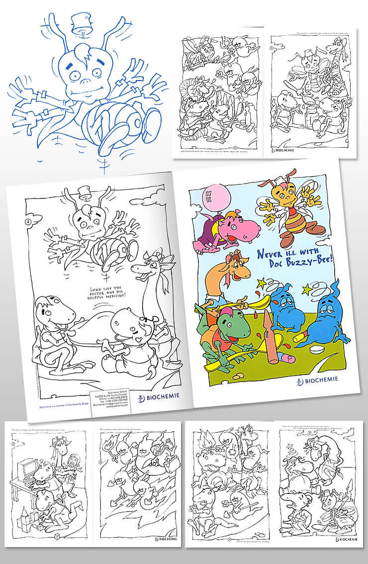 Coloring book for kids. Cartoons of animals fighting viruses. The bee is the doctor. Traditional drawings scanned and some of them digitally colored.